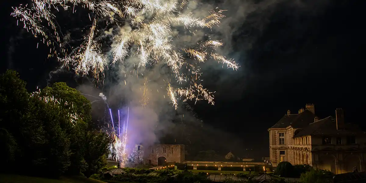 espectáculo de fuegos artificiales en el parque del castillo durante una recepción de boda