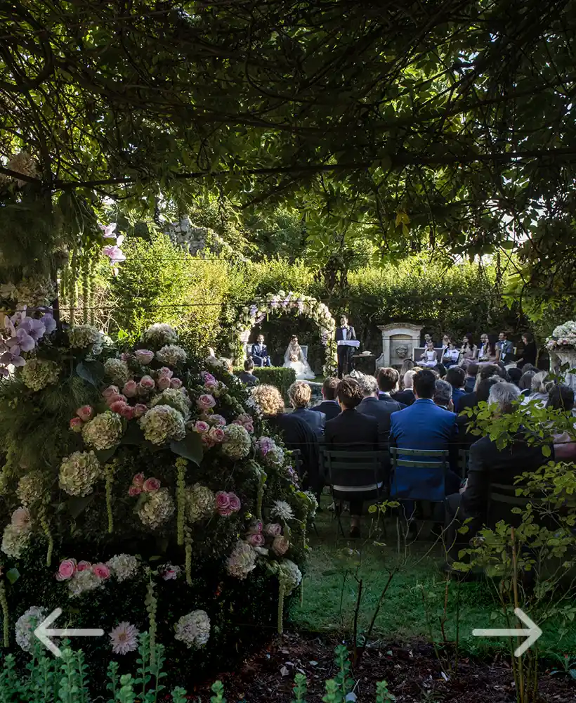 cérémonies au château, houppa fleurie dans la roseraie