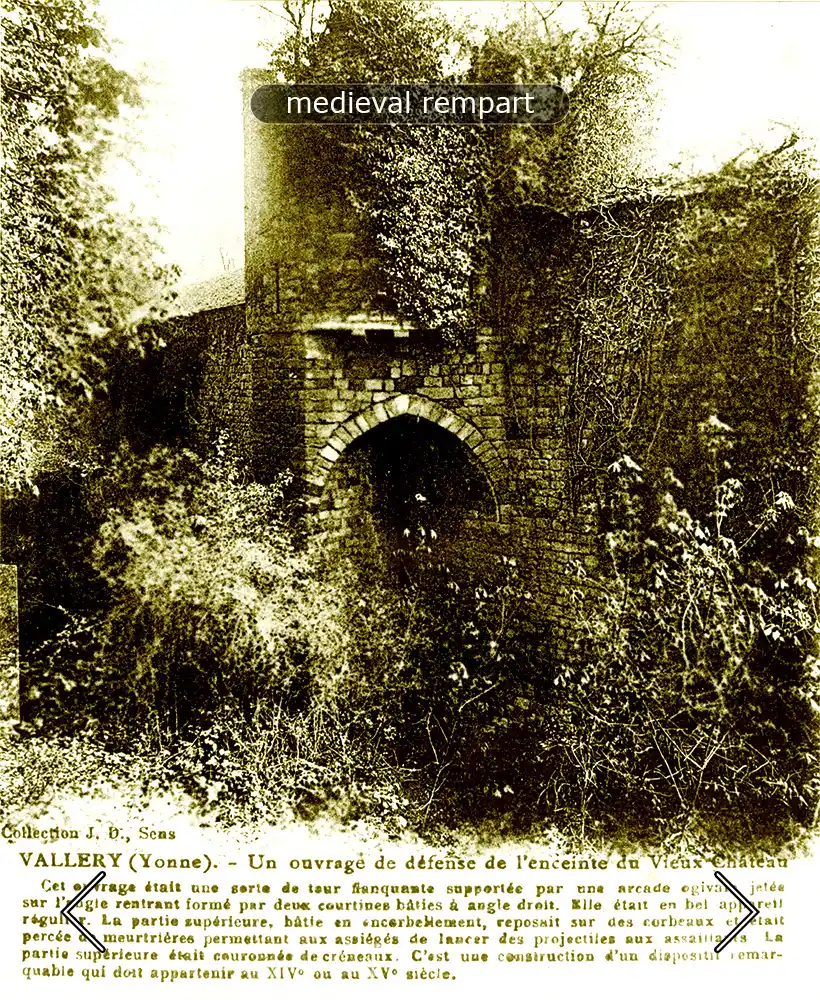 the medieval ramparts of chateau de Vallery - postcard
