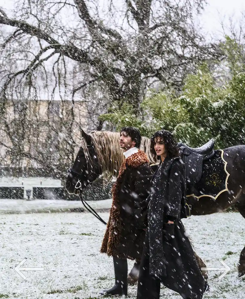 en hiver, le parc du château et la neige éclairés aux flambeaux