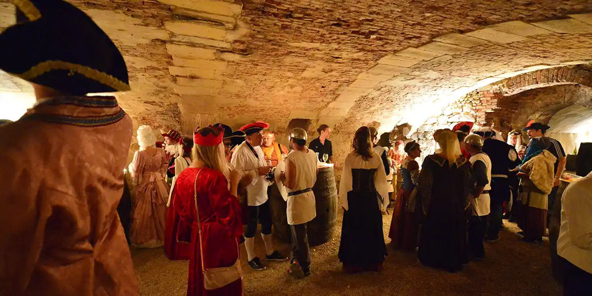 cocktail of a costume wedding in the cellars of the castle