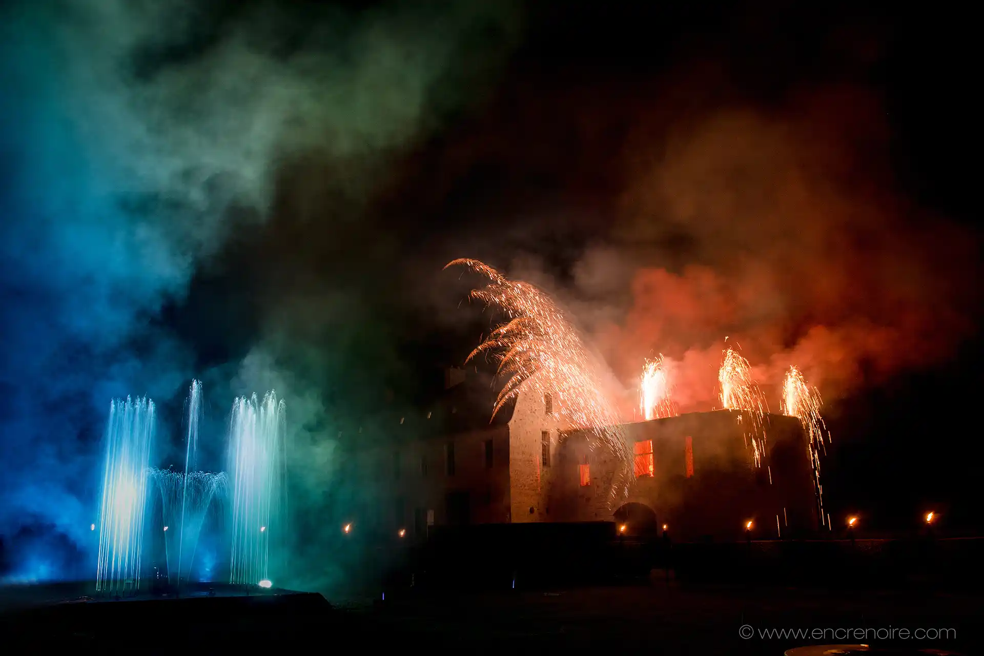 Fireworks in the park of the chateau during a wedding