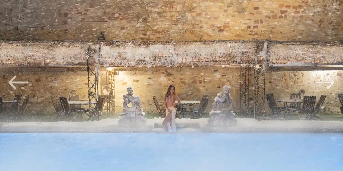 heated swimming pool against the ramparts